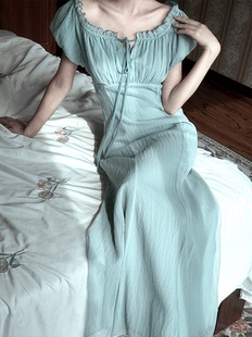 Lili百合乡|原创抽绳可调节薄荷绿复古系带花苞袖修身鱼尾长裙女