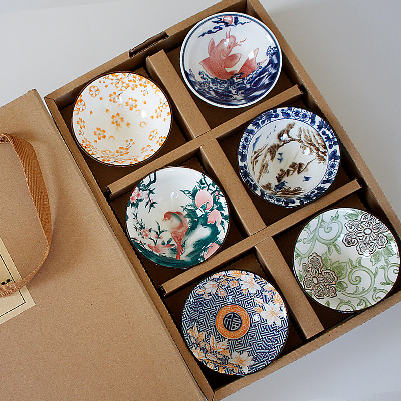 釉下彩青花e瓷斗笠杯套装茶盏茶碗品茗杯茶杯6只礼盒装陶瓷礼品物,餐饮具,茶杯,淘宝优惠券,粉丝福利购,淘宝优惠卷