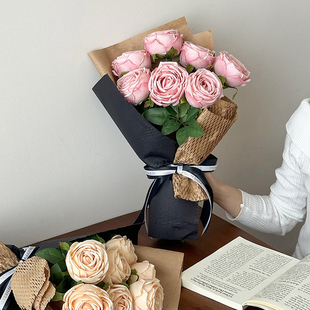 美式仿真七头皇妃玫瑰假花束手捧花G客厅装饰花绢花饰品拍照道具