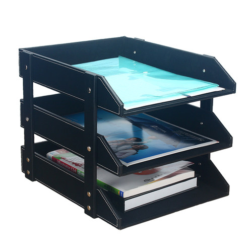 创意皮革三层a4文件架夹多功y能多层资料架子办公室桌面收纳盒木