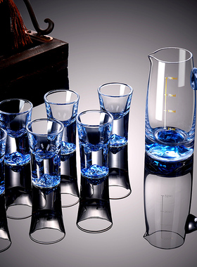 家用蓝色冰山白酒杯一口杯小酒A杯子带把刻度分酒器酒盅酒具套装