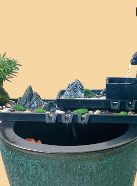 乌金石流水摆件水族循环增氧w过滤器鱼缸瓦缸石槽配件中式生财摆