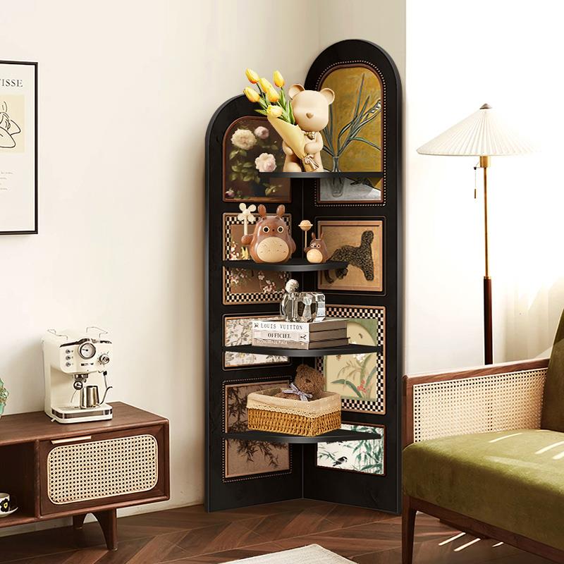 中古风落地摆件客厅电视柜旁边墙面转角柜复古置物架多层三角柜