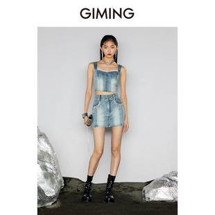 GIMING设计师品牌A字型短裤不规则点钻装饰牛仔半裙