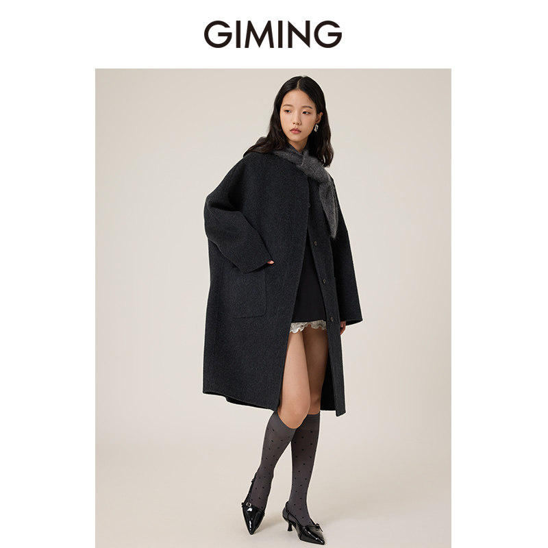 GIMING气质羊毛连帽围巾中长款羊绒毛呢外套女大衣 冬高级感韩系