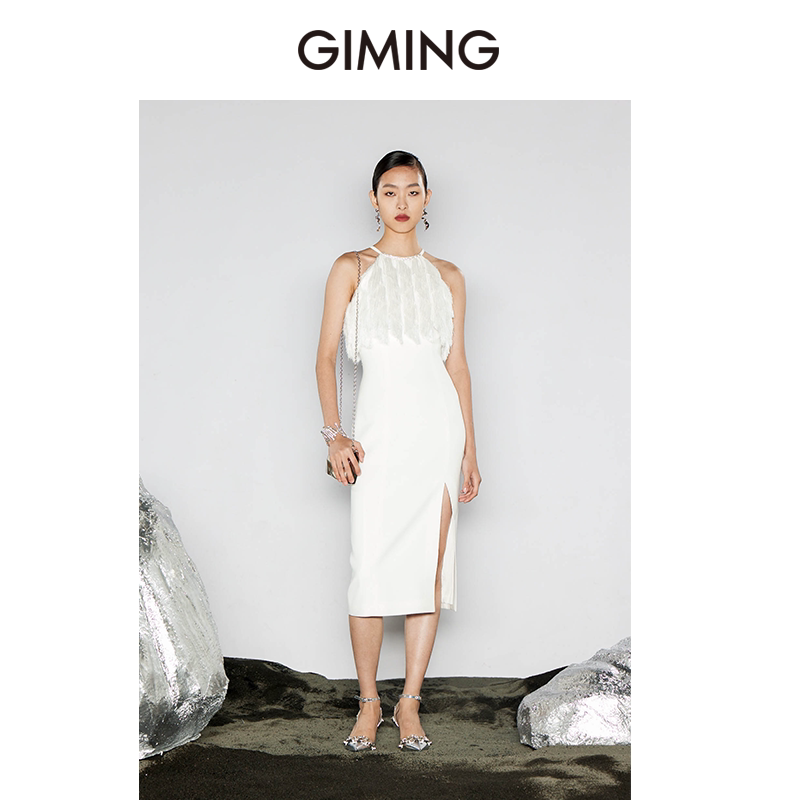 GIMING挂脖长款高质感流苏连衣裙图片