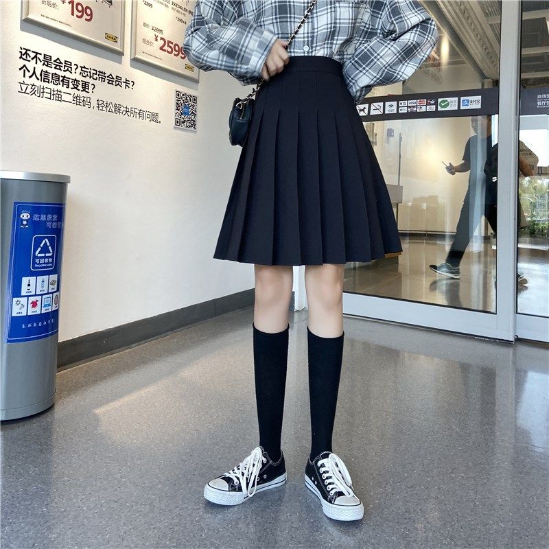 百褶裙女加长版a字半身裙防走光显瘦胖mm西装高个子短裙裤裙黑色