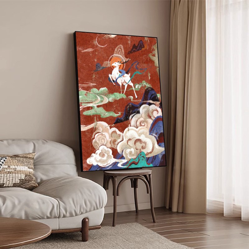 新中式玄关装饰画寓意好的过道走廊敦煌壁画红色艺术客厅挂画福鹿图片