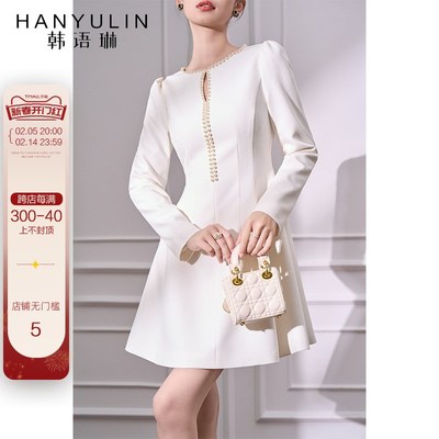 韩语琳 白色长袖收腰连衣裙2025新款女春季法式气质短款a字裙裙子