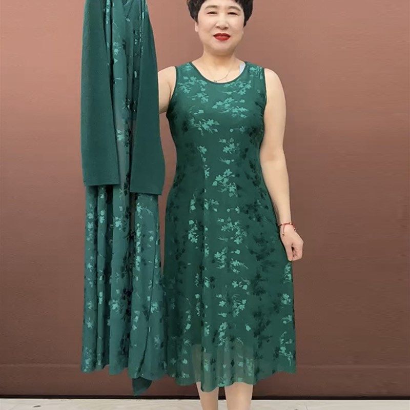 时尚妈妈蕾丝网纱连衣裙气质弹力显瘦背心裙开衫防晒外搭中款套裙