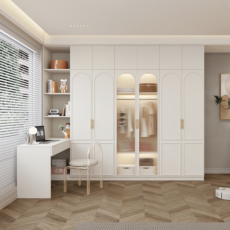 奶油风儿童衣柜书桌一体小户型组合转角学习桌家用卧室实木储物柜