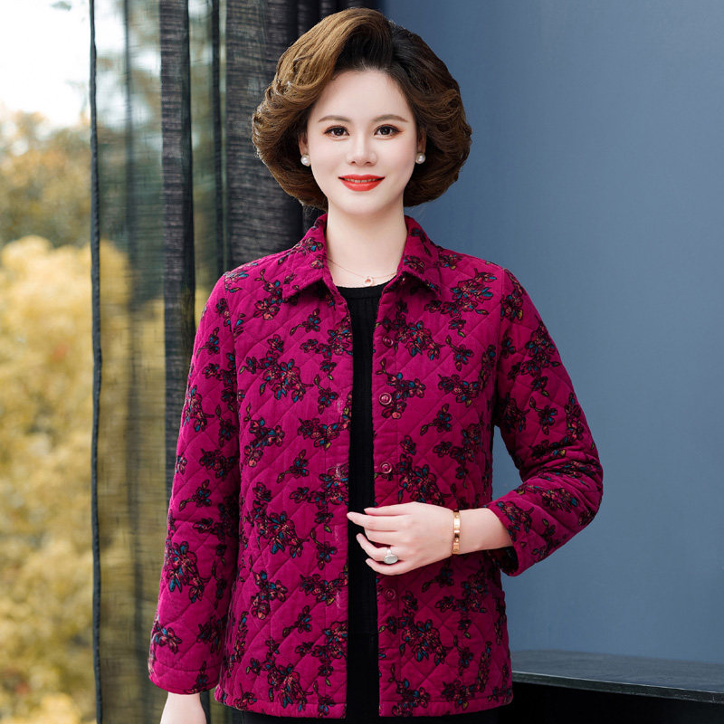 妈妈夹棉衬衫全棉外套中老年女春装棉衣中年人棉服短款纯棉