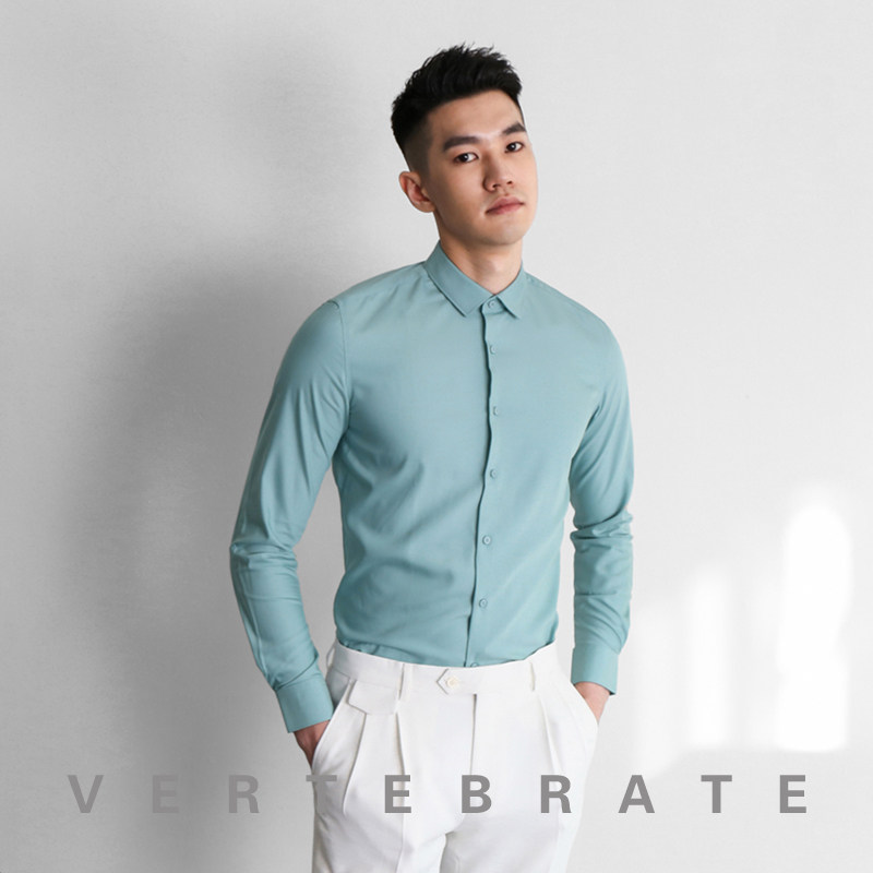 脊椎动物男装抗皱免烫白色小方领衬衣欧美风修身长袖职业装衬衫