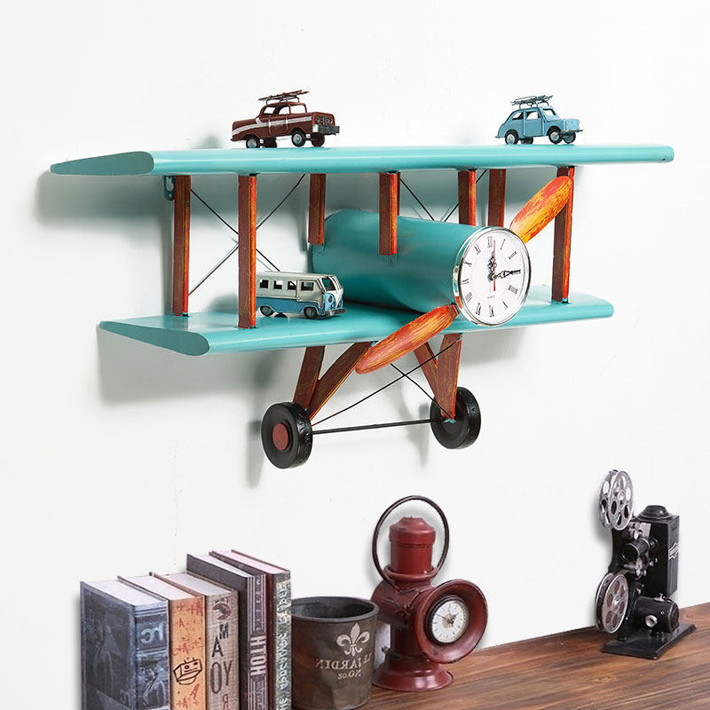 LOFT工业风美式飞机挂钟置物架创意复古酒吧墙面装饰挂件个性钟表