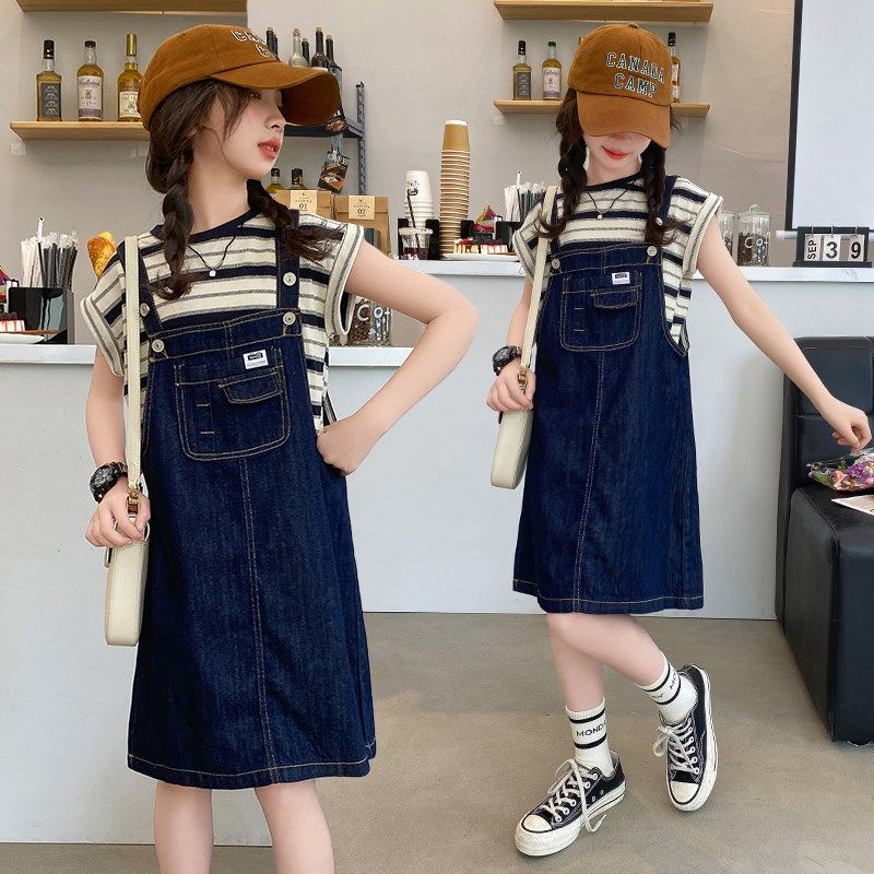 女童夏装2025新款裙子儿童夏款短裤套装牛仔背带裙大童洋气连衣裙