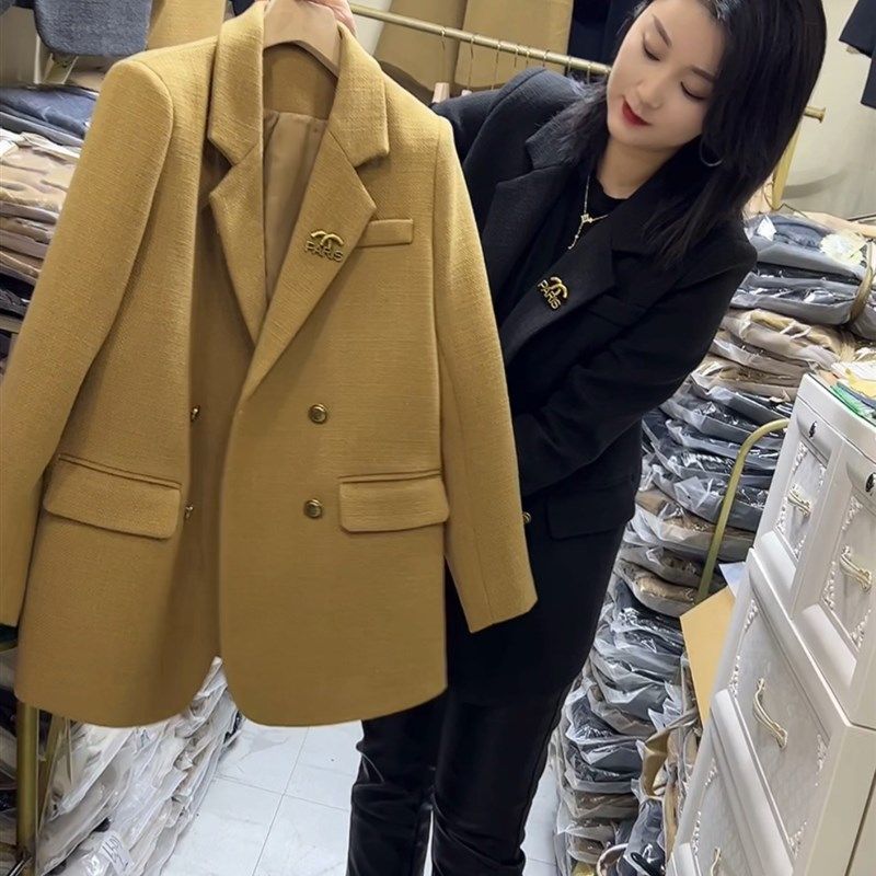 601黑色西装领香风呢大衣新款女装秋冬短款毛呢外套女加厚