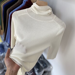 黑色高领中袖打底衫女春秋内搭修身翻领毛衣2024新款五分袖针织衫