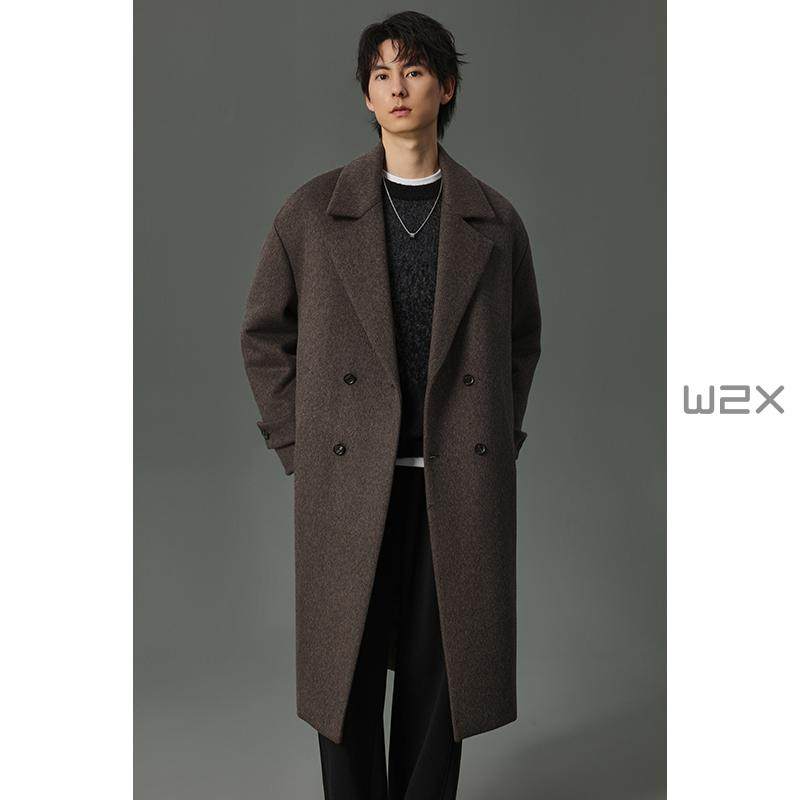 w2x冬季平驳领双排扣加棉加厚羊毛呢大衣男中长款妮子风衣外套潮