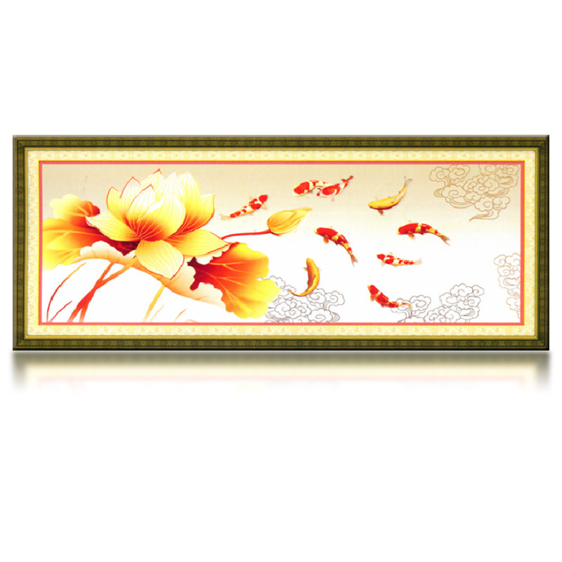 十字绣画九鱼聚财鸿运当头线绣十字绣客厅九鱼图金色荷花鲤鱼新款