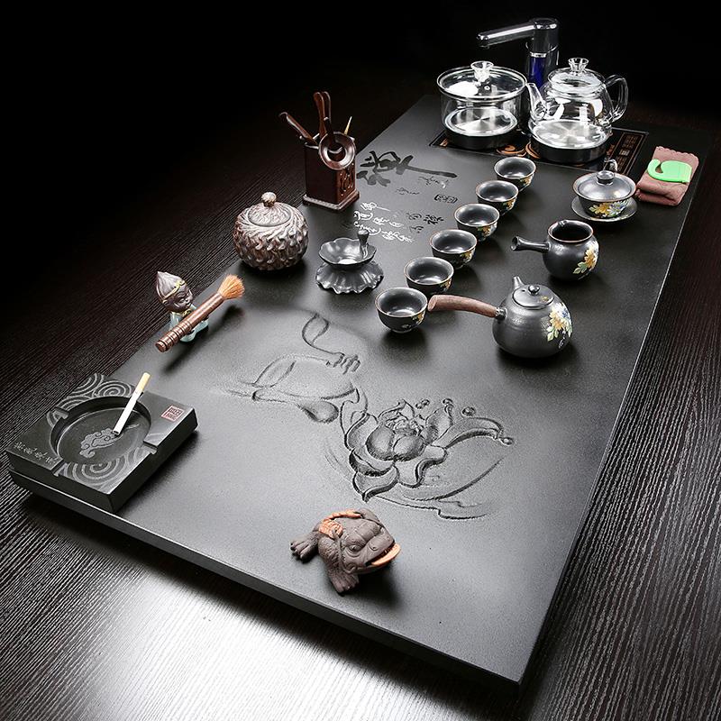 鹏丰整块大号乌金石茶盘功夫茶具套装家用全自动陶瓷紫砂茶台茶海