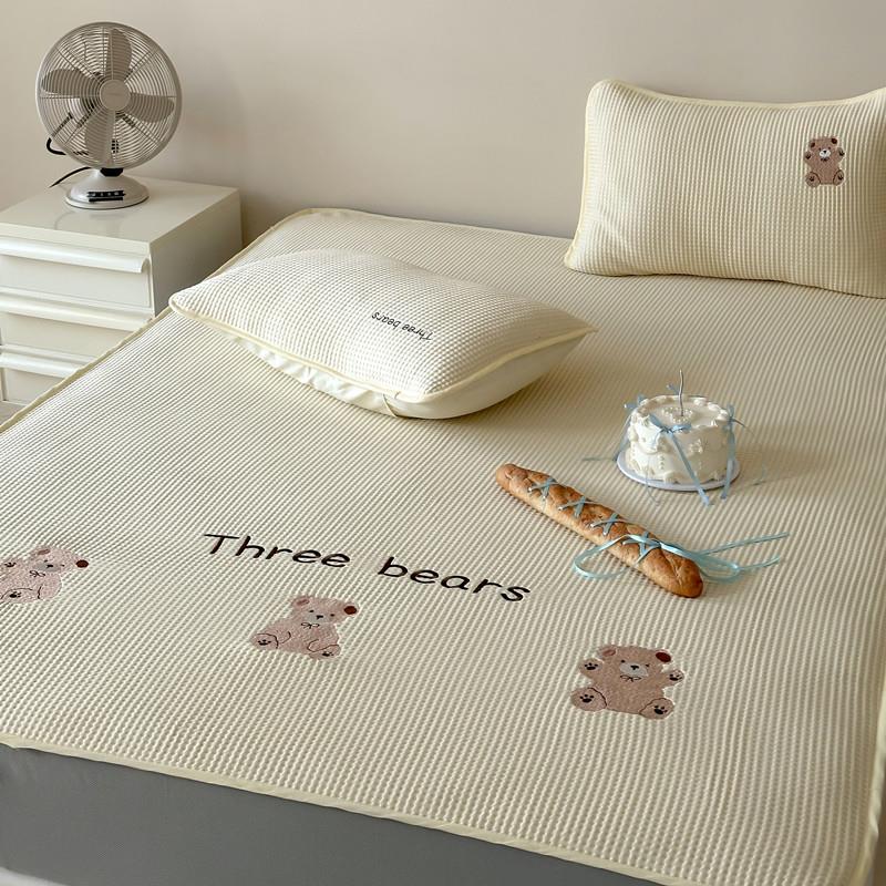 凉感黑科技~凉感华夫格刺绣软席可机洗冰丝席三件套床笠款1.8米床