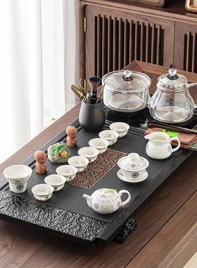 茶具套装家玻用一体台茶石材实48860木泡结合茶盘四合一璃烧水壶