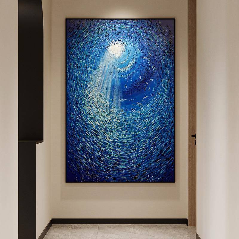 深海鱼群玄象克莱因蓝手绘油画抽小饰众肌理画客211厅卧室关装画
