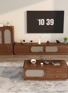 新中式电视茶几组中古柜风小户型家用合客视厅落MXV地储物柜电低