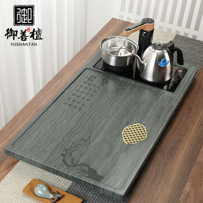 天然绿木纹石茶盘全自动四合一体茶具套装家用现代简约整块石茶台