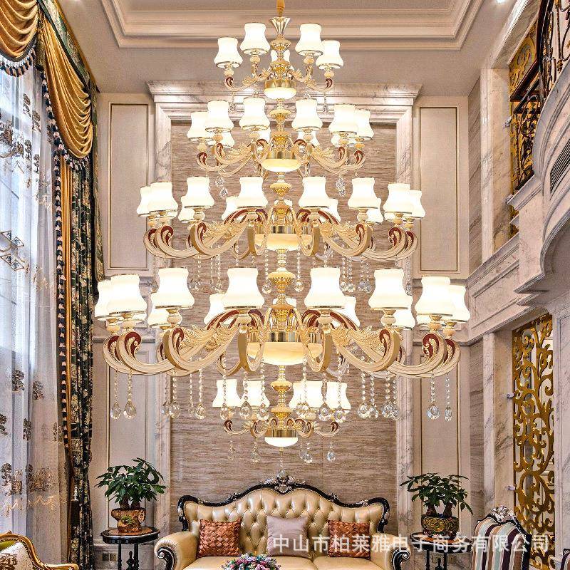 欧式复式楼大灯长奢DPU华大吊气家用水晶灯吊灯客厅灯具墅别楼梯