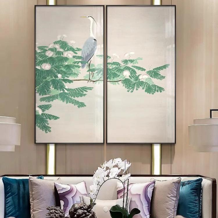 档轻奢504色厢仙鹤餐厅装饰绿画客厅玄关高酒店包壁画新中式古典