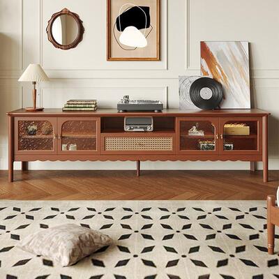 北乡村樱桃木实木电视柜美式古玻璃移BVT储物门柜简约客厅高脚美