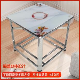 不锈钢烤形火桌子正方钢化玻餐家用璃吃饭RSR取暖烤火桌架四方桌
