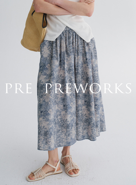 PRE PREWORKS复古艺术感模糊蓝色印花蓬松伞型棉布半身裙