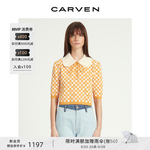 短袖 CARVEN 橘色桃心棋盘格娃娃领短款 针织衫 outlet卡纷女装