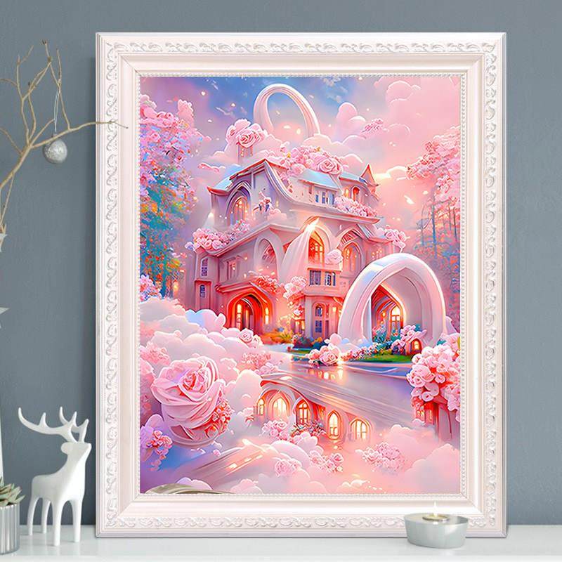 唯美粉色玫瑰城堡风景钻石画2025新款小幅贴钻十字绣客厅卧室满钻,居家布艺,钻石绣,淘宝优惠券,粉丝福利购,淘宝优惠卷