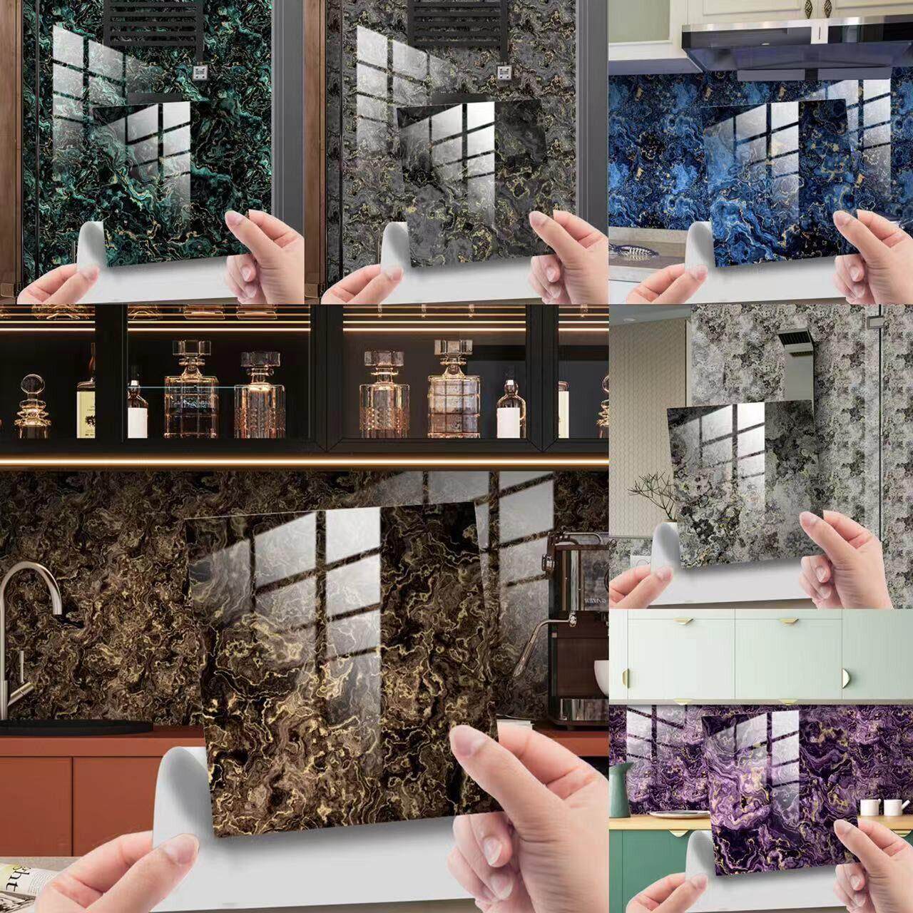 轻奢蓝色仿大理石纹水晶膜瓷砖贴纸家居遮丑装饰自粘地板贴墙贴