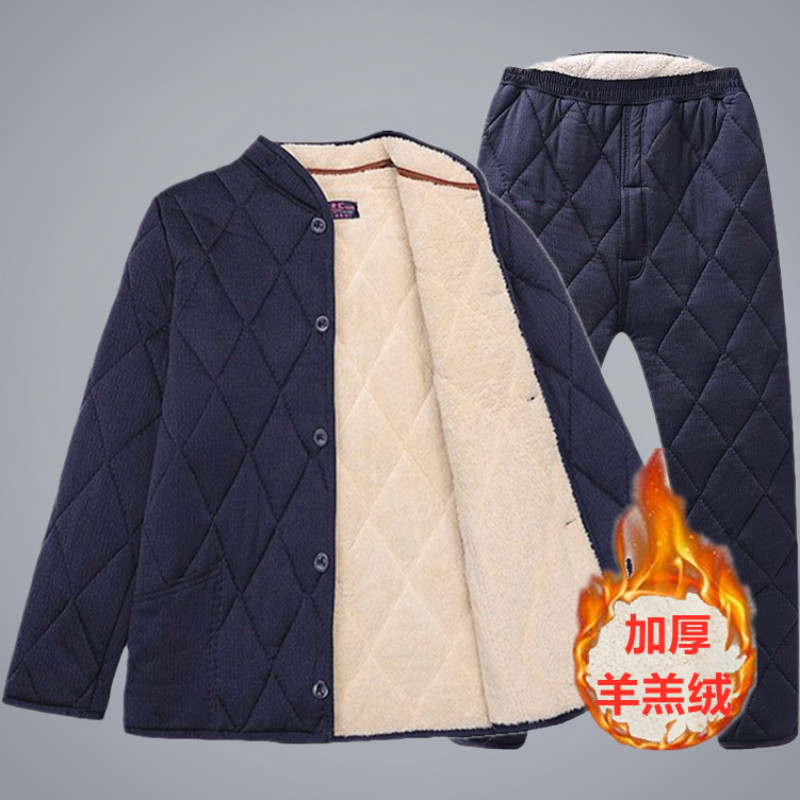 中老年棉衣棉裤男套装棉袄加绒加厚羊羔毛老人冬季衣服保暖棉袄