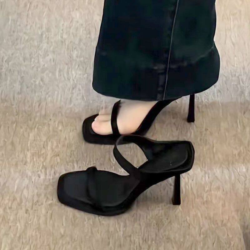 夏季新款欧美风高跟鞋女小众气质黑色高跟凉拖一字带细跟凉鞋