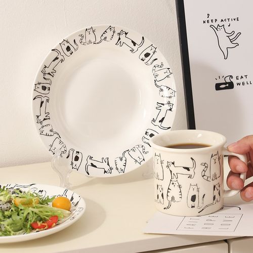 JM 猫咪乐园餐具 insw风可爱猫咪喝水杯陶瓷盘圆形深盘早餐盘