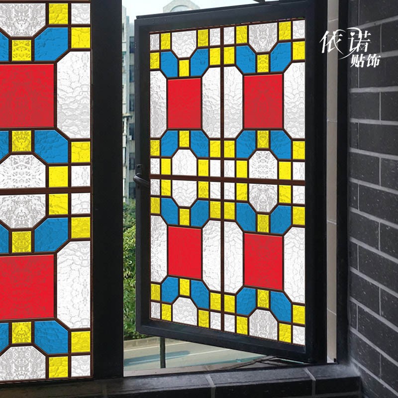 彩色玻璃贴中式复古磨砂静电无胶背胶自粘卫生间窗花纸岭南满洲窗