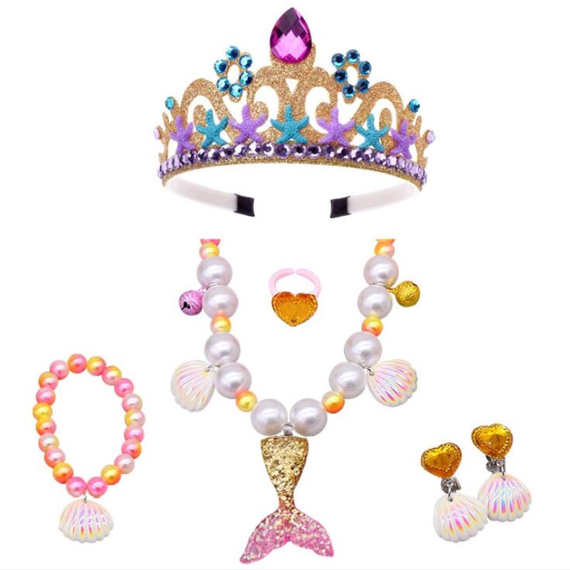 儿童生日皇冠项链手链戒指耳夹套装人鱼尾首饰品女童公主王冠发饰