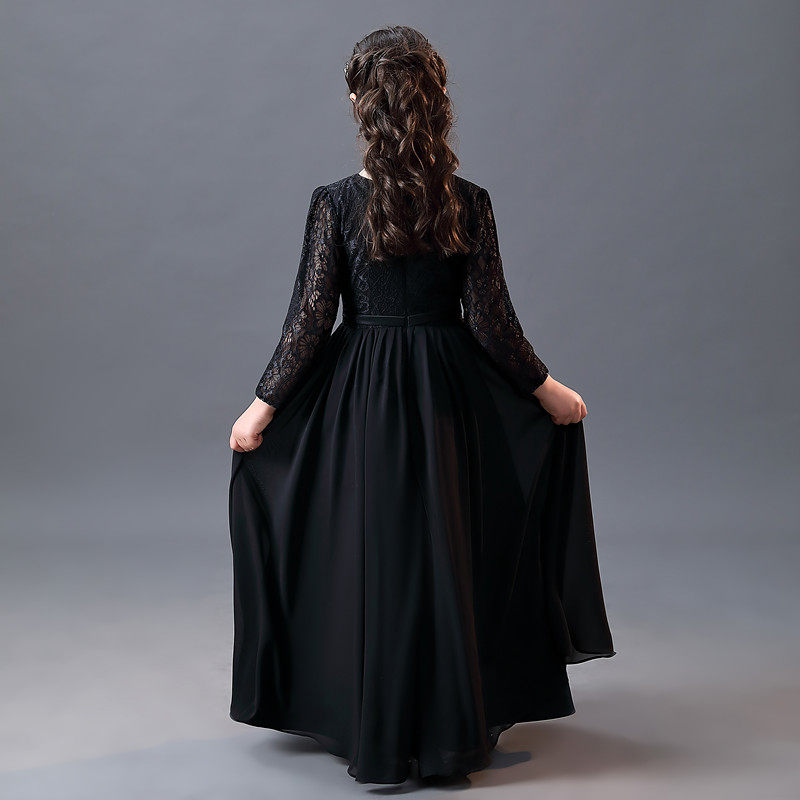 2021黑色长袖儿童女童长款演出礼服公主裙洋气走秀合唱钢琴演奏服