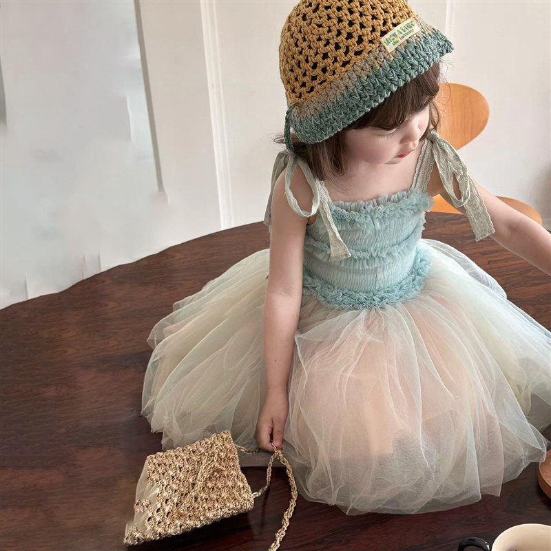韩国童装女童连衣裙夏季高级感24新款洋气吊带网纱公主裙儿童裙子