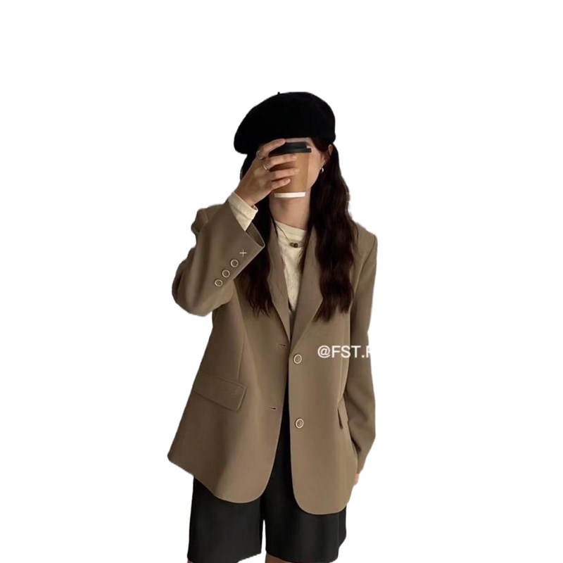 FST 黑色西装外套女秋季新款复古宽松高级感格纹休闲卡绿西服上衣