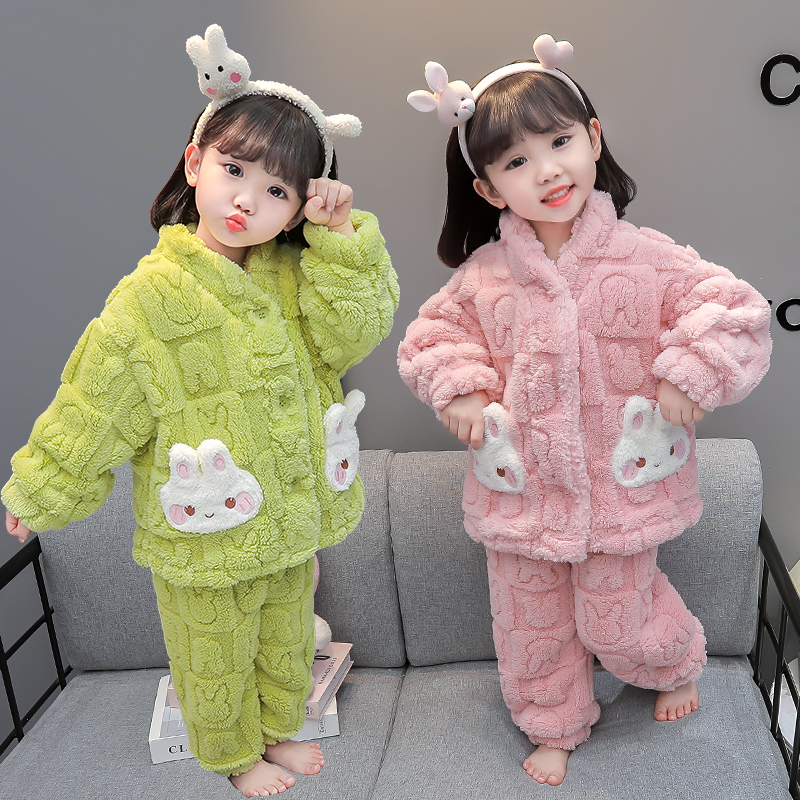 儿童睡衣女童法兰绒家居服套装秋冬加厚外穿女孩珊瑚绒冬装保暖衣