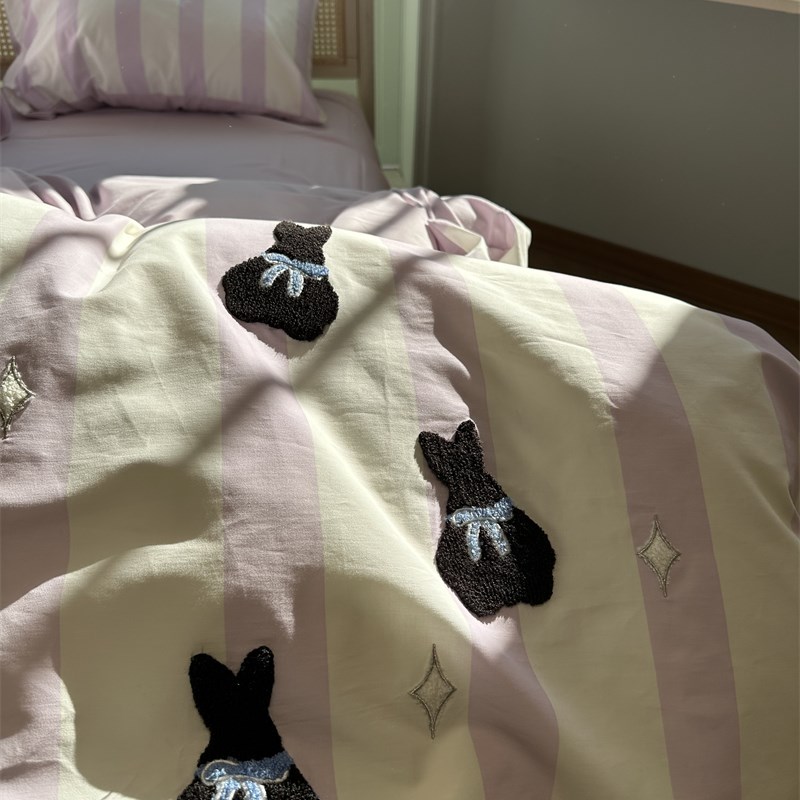 100支磨毛毛巾绣星星兔条纹四件套纯棉1.5m1.8米公寓床单被套顺滑