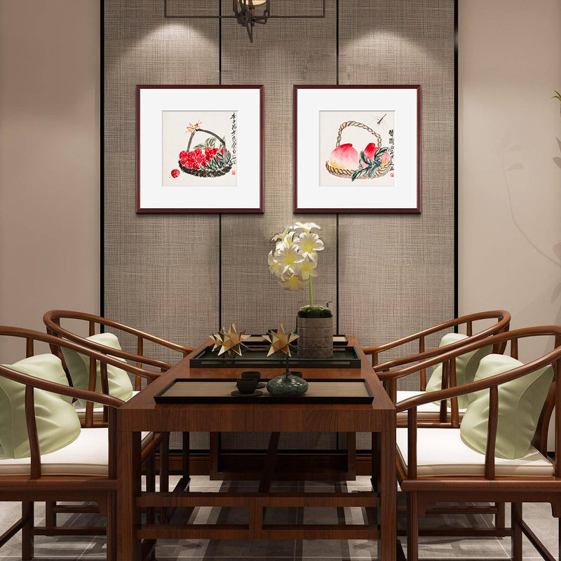 硕果累累 齐白石写意国画荔枝樱桃寿桃中式客厅餐厅卧室三联挂画