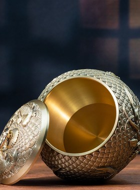 小铜记黄铜锦鲤茶叶罐储物罐五鱼带盖防潮密封家用茶室办公室摆件