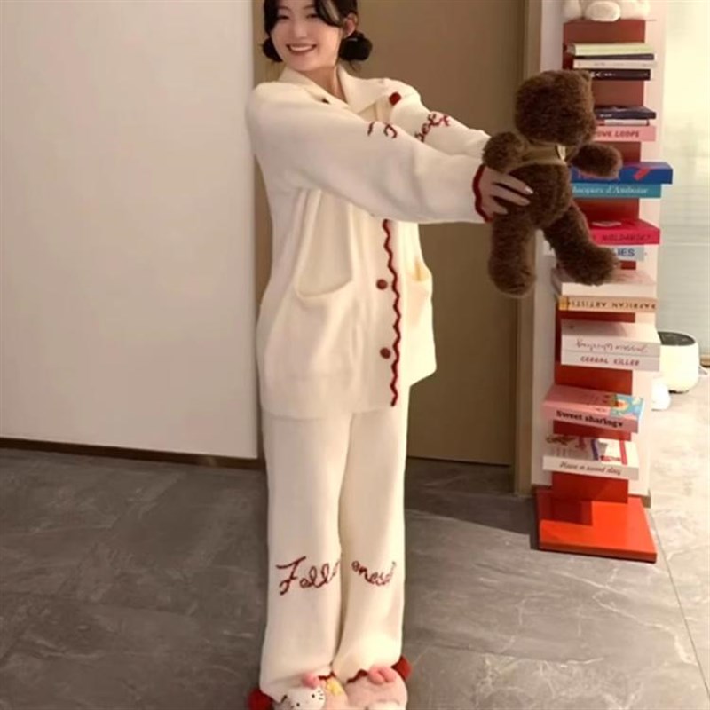 针织半边绒睡衣女款秋冬季加厚甜美法兰绒开衫长裤大码家居服套装